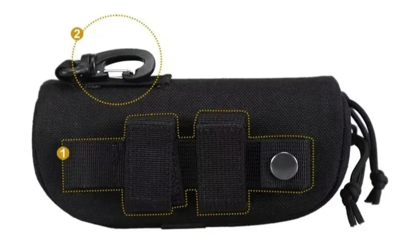 De Brillenkoker heeft diverse Sluitingen voor het dragen zoals Karabijn haak en broekriemsluiting